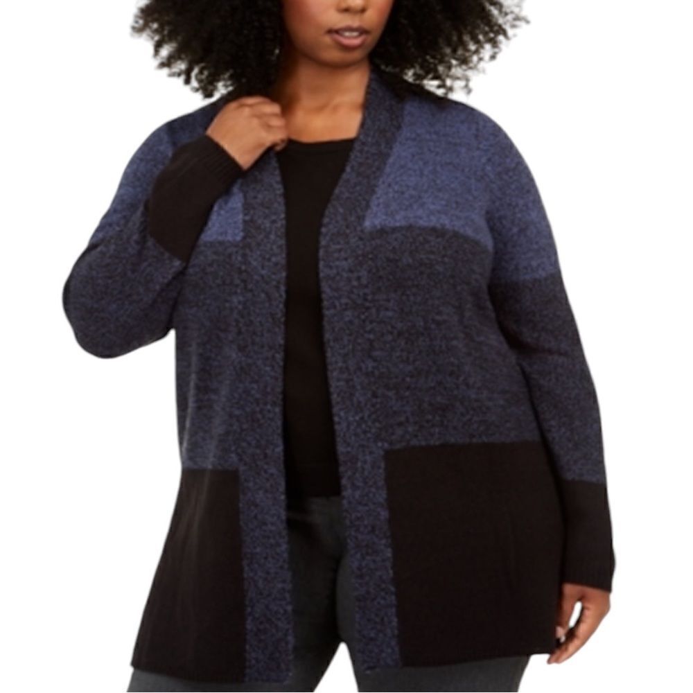 Karen Scott Plus Size Colorblocked Open-Front Cardigan Blue 1X NWT